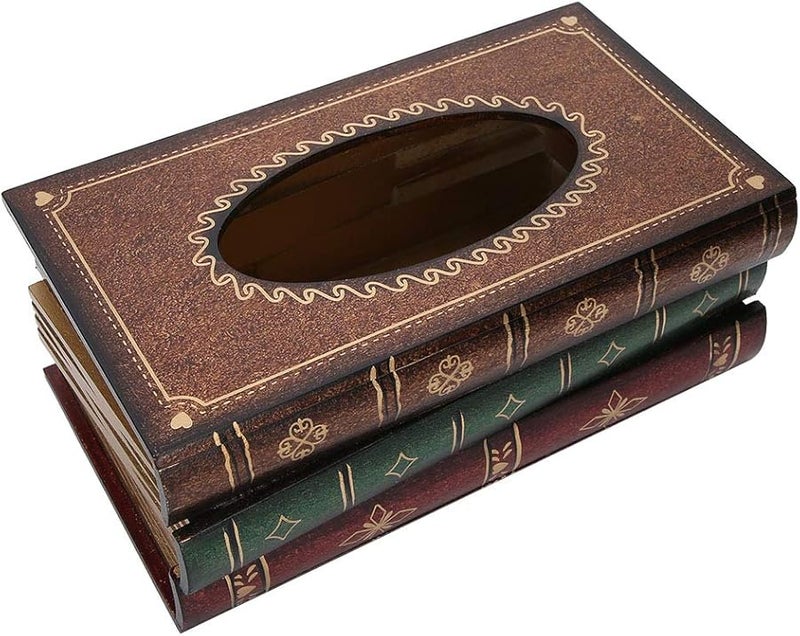 صندوق مناديل على شكل كتاب خشبي عتيق، مرسوم يدويًا، ديكور منزلي رجعي لغرفة المعيشة أو غرفة النوم - Image 1